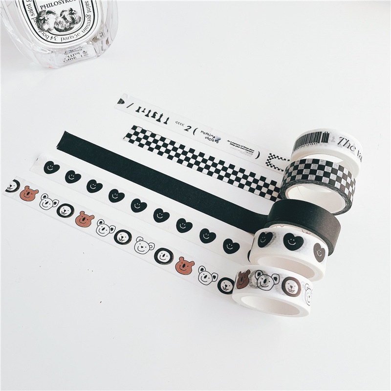 Washi tape Cuộn Băng Keo Dán Trang Trí Họa Tiết Kẻ Ô Trắng Đen Phong Cách Hàn Quốc