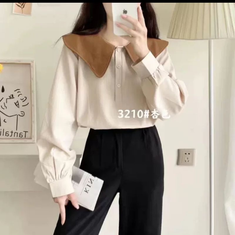 áo sơ mi cổ lá phối màu phong cách hàn quốc áo kiểu nữ