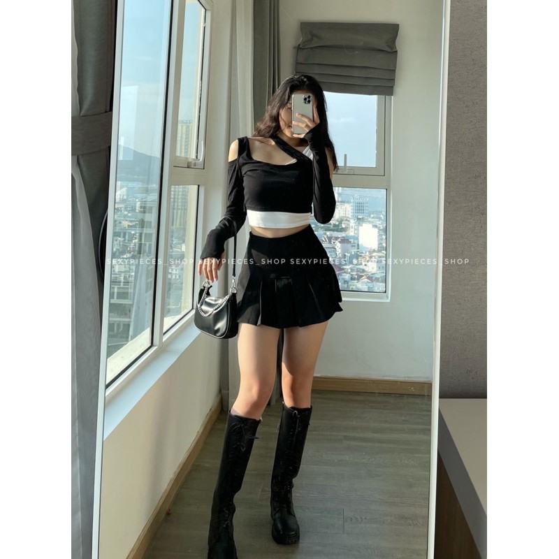 set croptop lệch cổ và chân váy xếp ly | BigBuy360 - bigbuy360.vn