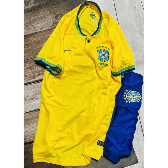 Set bộ quần áo thể thao bóng đá nam nữ vải gai mịn brazil áo  vàng quần xanh 2022 2023