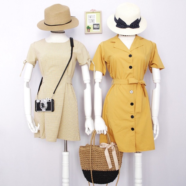 Đầm vàng sơ mi cổ vest