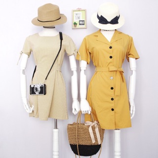 Đầm vàng sơ mi cổ vest
