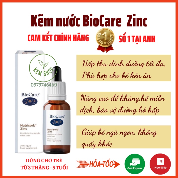 [CAM KẾT CHÍNH HÃNG] Kẽm nước Biocare Nutrisorb ZinC Plus Ascorbate (30ml), kẽm nhỏ giọt Bio care Anh (UK)