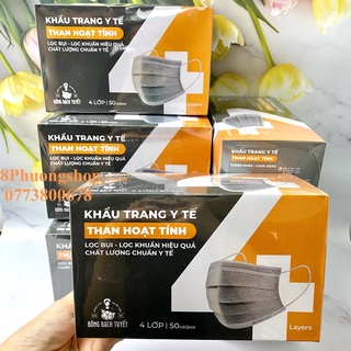 Khẩu trang THAN HOẠT TÍNH 4 lớp BẠCH TUYẾT Mới 50 cái / hộp - Khẩu trang XÁM THAN chính hãng Bông Bạch Tuyết