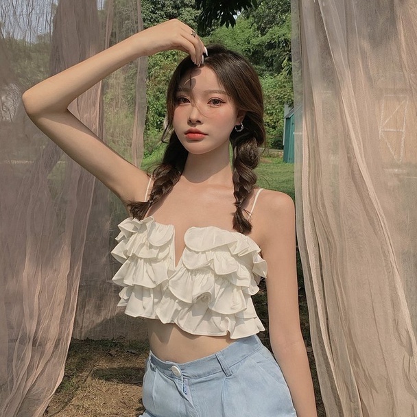 Áo 2 dây nữ, croptop sợi bún voan tơ bèo 4 tầng trắng hở vai freesize phom rộng lửng đi biển sexy ulzzang C959