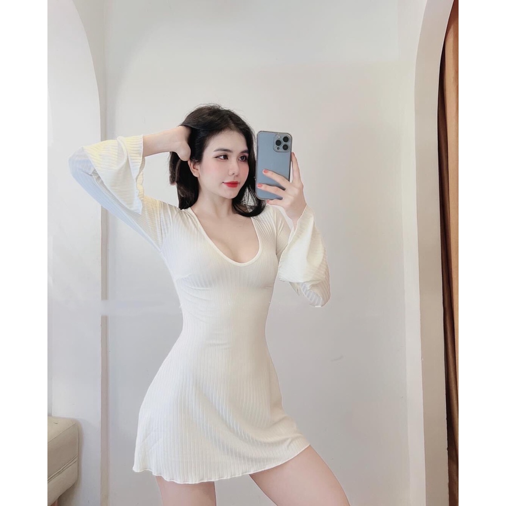 Đầm thun tay loe dài form ôm body dáng xòe chất vải gân len 4 chiều FreeSIze, Váy ngắn nữ cổ v Sexy (Bảo An Hot) | BigBuy360 - bigbuy360.vn