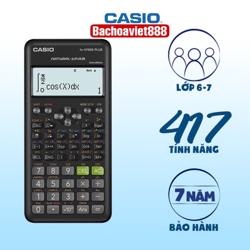 Máy tính bỏ túi Casio FX 570ES Plus, máy tính học sinh chính hãng bảo hành 7 năm