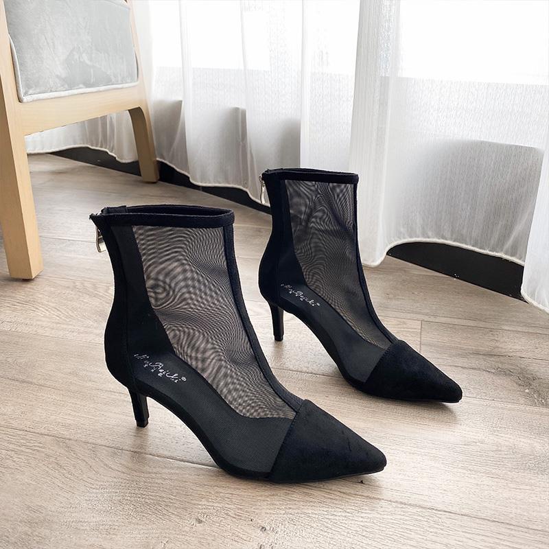 Giày Boot Cao Gót Cổ Ngắn Phối Lưới Thoáng Khí Thời Trang