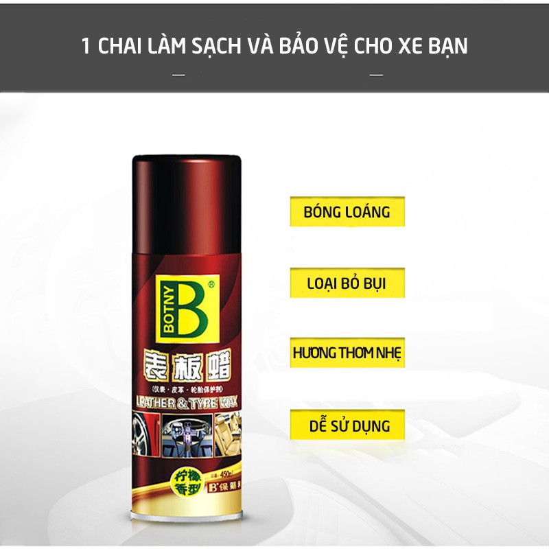 Dung dịch bảo dưỡng nội thất BOTNY Leather & Tyre wax 450ml, chai xịt làm sạch và dưỡng bóng da ghế,táp lô,lốp xe_B-1192