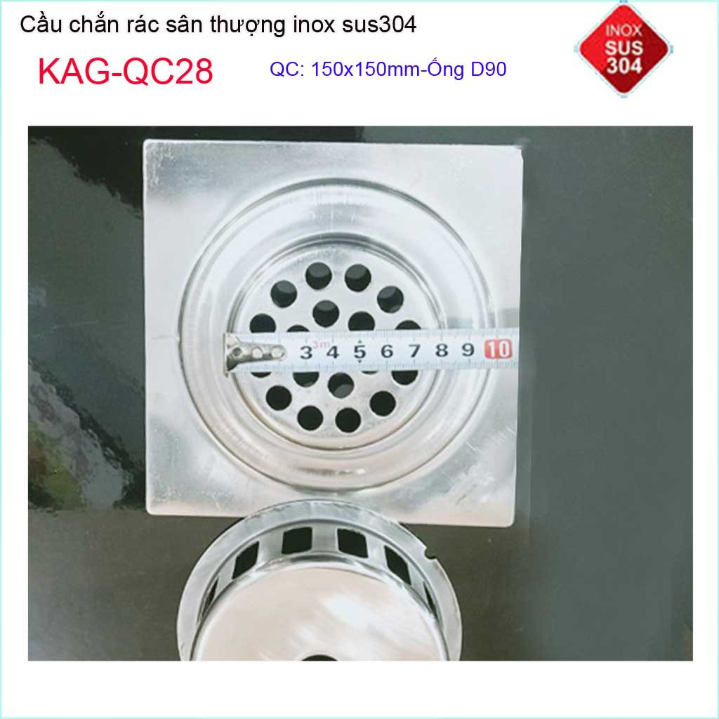 Cầu chắn rác đế vuông 15x15cm D90 KAG-QC28, thoát nước sân thượng SUS304 ống 9cm thoát nhanh chắn rác tốt