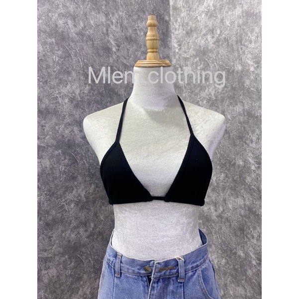 Áo croptop tay dài xẻ loe kèm bra thắt dây, set áo yếm Mlem chất thun gân