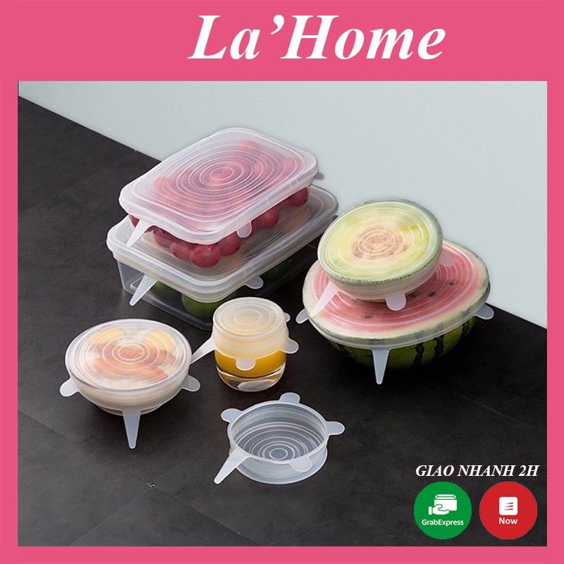 Bộ 6 nắp đậy thực phẩm La'Home silicone, Màng bọc thực phẩm giữ thực phẩm tươi lâu, không chứa BPA
