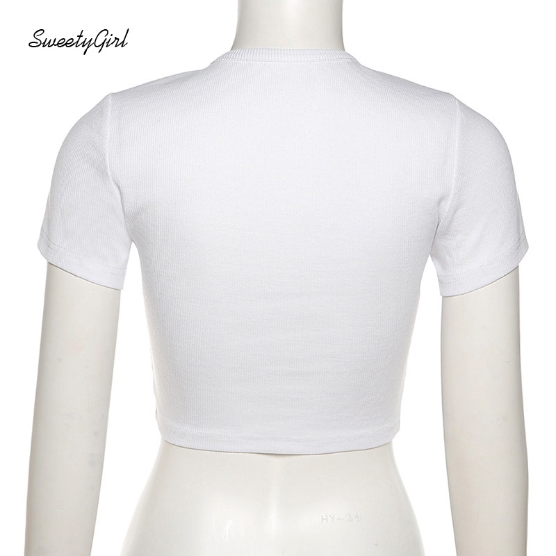 Áo croptop tay ngắn cổ tròn in chữ và hoa thời trang cho nữ