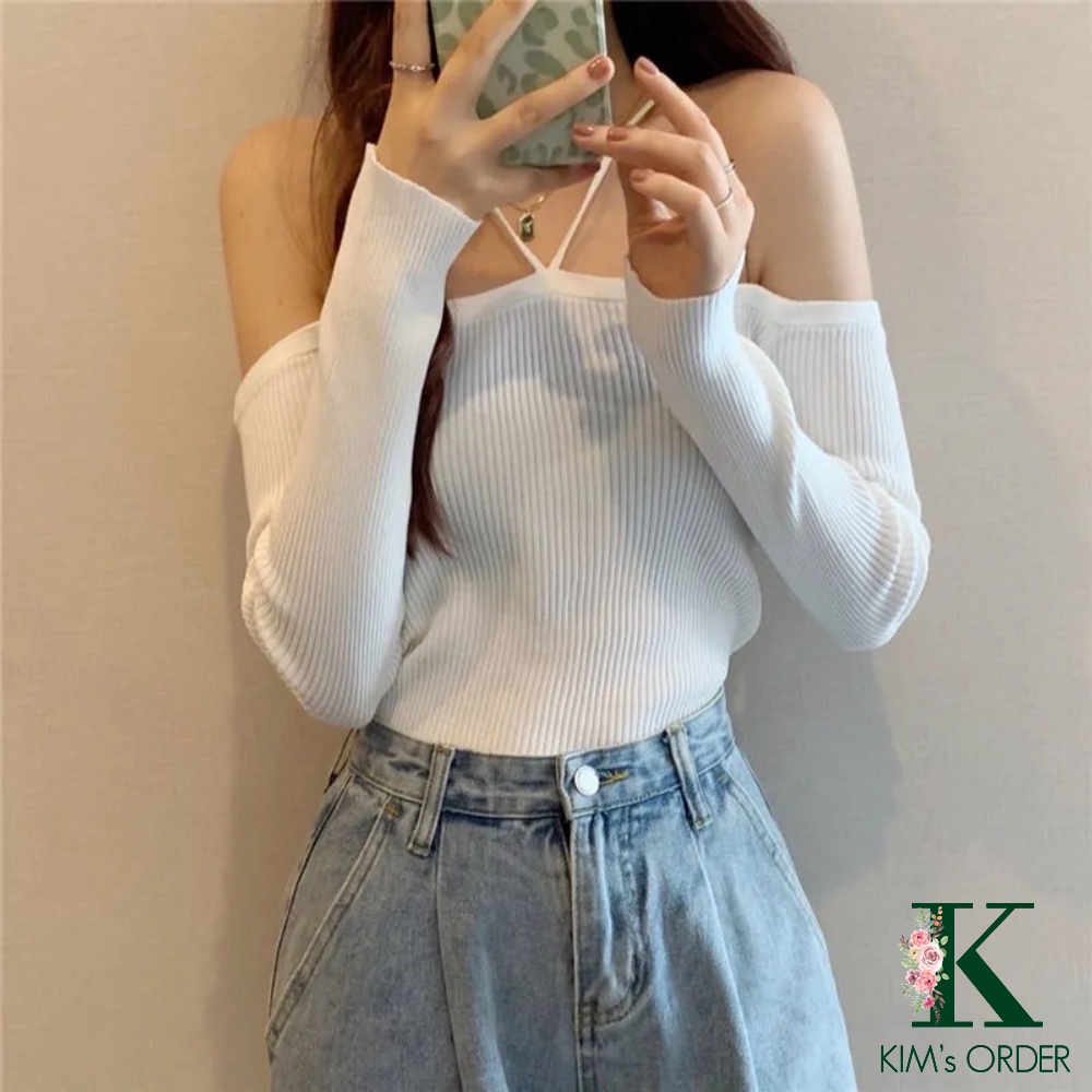Áo len nữ cổ dây yếm màu đen trắng ghi trễ ngang vai cổ thuyền dài tay phom ôm chất đẹp co dãn đi tiệc sang chảnh