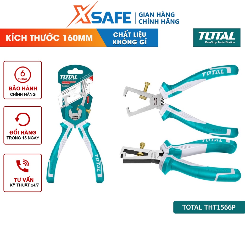 Kềm tuốt dây điện TOTAL THT1566P Kìm tuốt đầu đánh bóng chống gỉ, tay cầm hai màu, đóng gói vĩ nhựa giấy chắc chắn