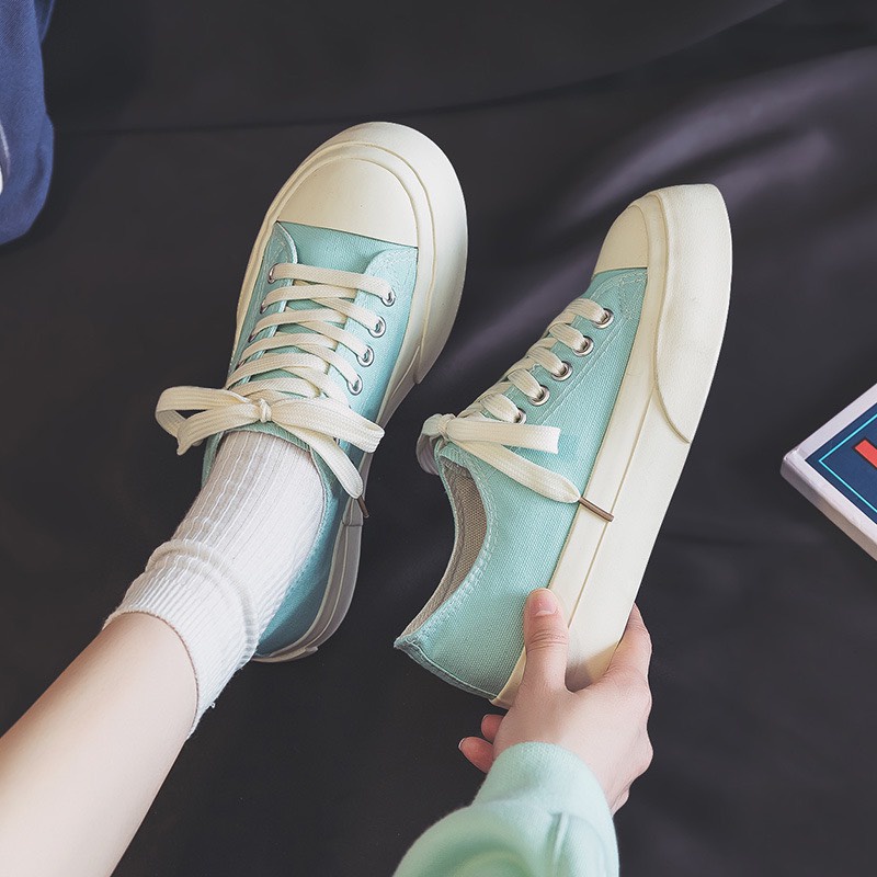 Giày thể thao bánh mì mũi cao độn đế 4cm màu, vải canvas đi êm chân phong cách Hàn Quốc