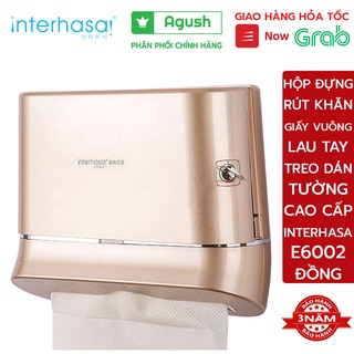Hộp đựng khăn giấy vuông rút lau tay INTERHASA E-6002 đồng treo gắn dính dán lên tường đa năng nhà tắm vệ sinh toilet