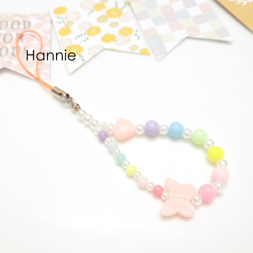 (Tím/Cam/Hồng/Xanh/Vàng) Móc khóa hạt trai pastel bướm - Phụ kiện dây treo điện thoại túi xách balo chìa khóa handmade