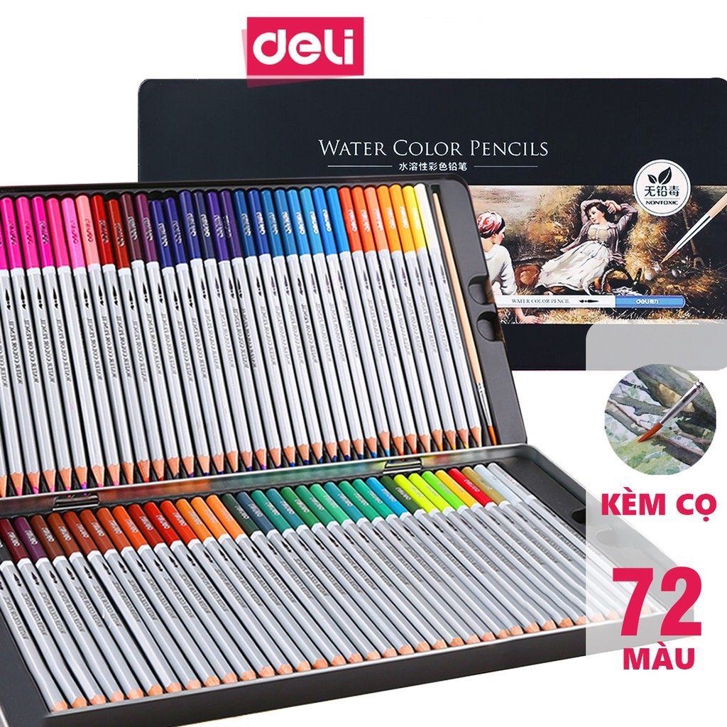 Bút chì màu nước cao cấp Deli - Có kèm cọ tán - Bộ 24/36/48 màu - 6521/6522/6523/6524