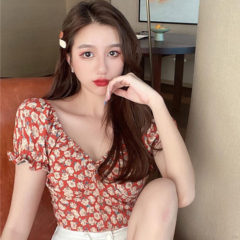 sơmi nữ Áo sơ mi Women's Fashion Small Floral Print V-Neck Sexy Crop tops Sweet Short Sleeve Chiffon Shirt Blouse Tops Tee