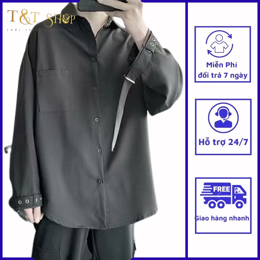 Sơ mi nam, áo sơ mi fom rộng cổ tay áo có dây đai quấn quanh bắt mắt mã QC4