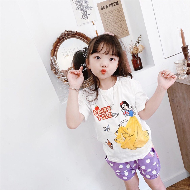 Áo Thun Cotton Ngắn Tay Họa Tiết Hoạt Hình Xinh Xắn Dành Cho Bé Gái