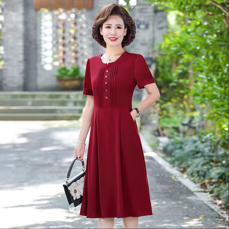 Váy đầm dự tiệc trung niên sang trọng  ,kiểu tay ngắn dài qua gối chất voan lụa cao cấp ,hàng chính hãng Thiên Tú Store