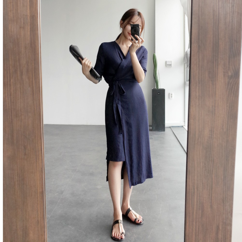 Đầm nữ midi xẻ tà tay ngắn Emilyshop