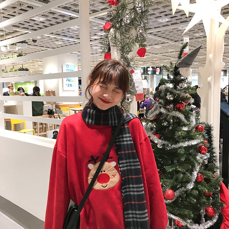 A045 Áo sweater noel nữ Họa Tiết Thêu cây thông người tuyết tuần lộc Áo Nỉ Thu Đông Cute đỏ đen xanh trắng giáng sinh