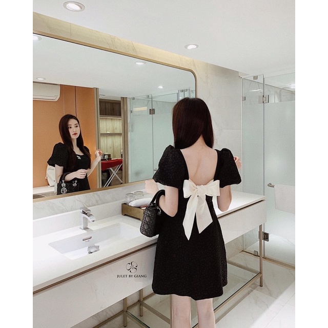 Váy gấm đen thắt nơ lưng trắng kem ROSA CONFETTO- SIZE S/M/L- HÀNG CHÍNH HÃNG- Juletbygiang