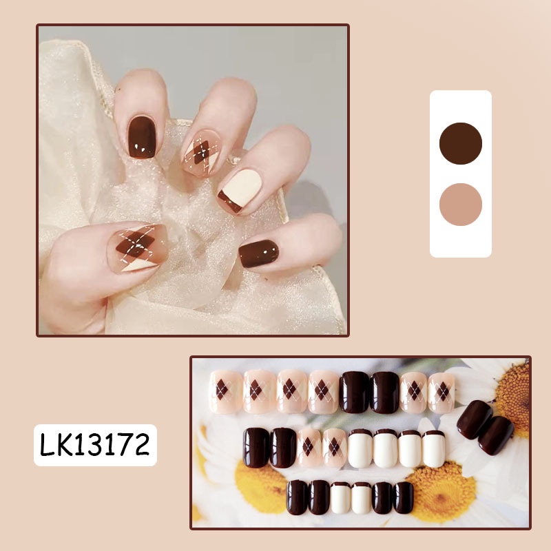 YADORNOS Set 24 móng tay giả màu nâu độc đáo phong cách Pháp cho nữ