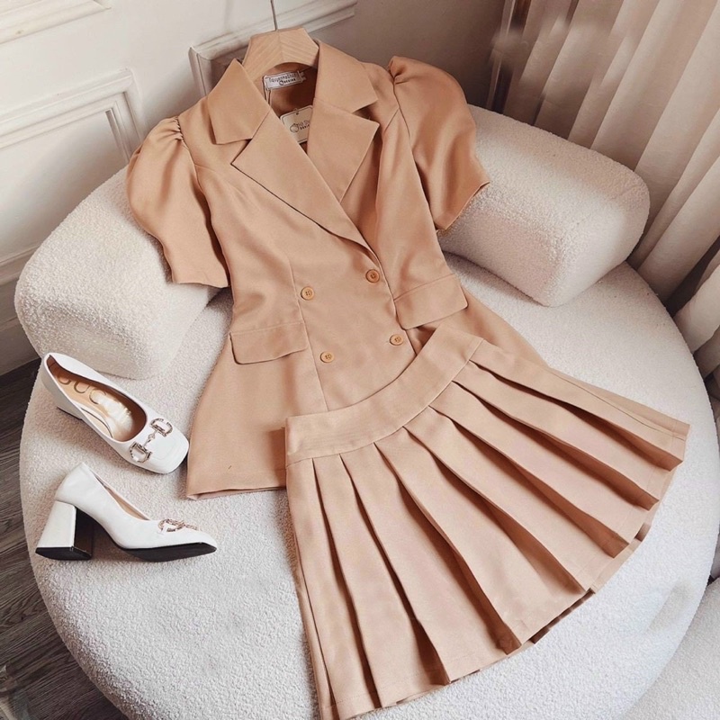 Sét Bộ  Vest Nữ Chân Váy Xếp Ly Bigsize 55kg Đến 100kg