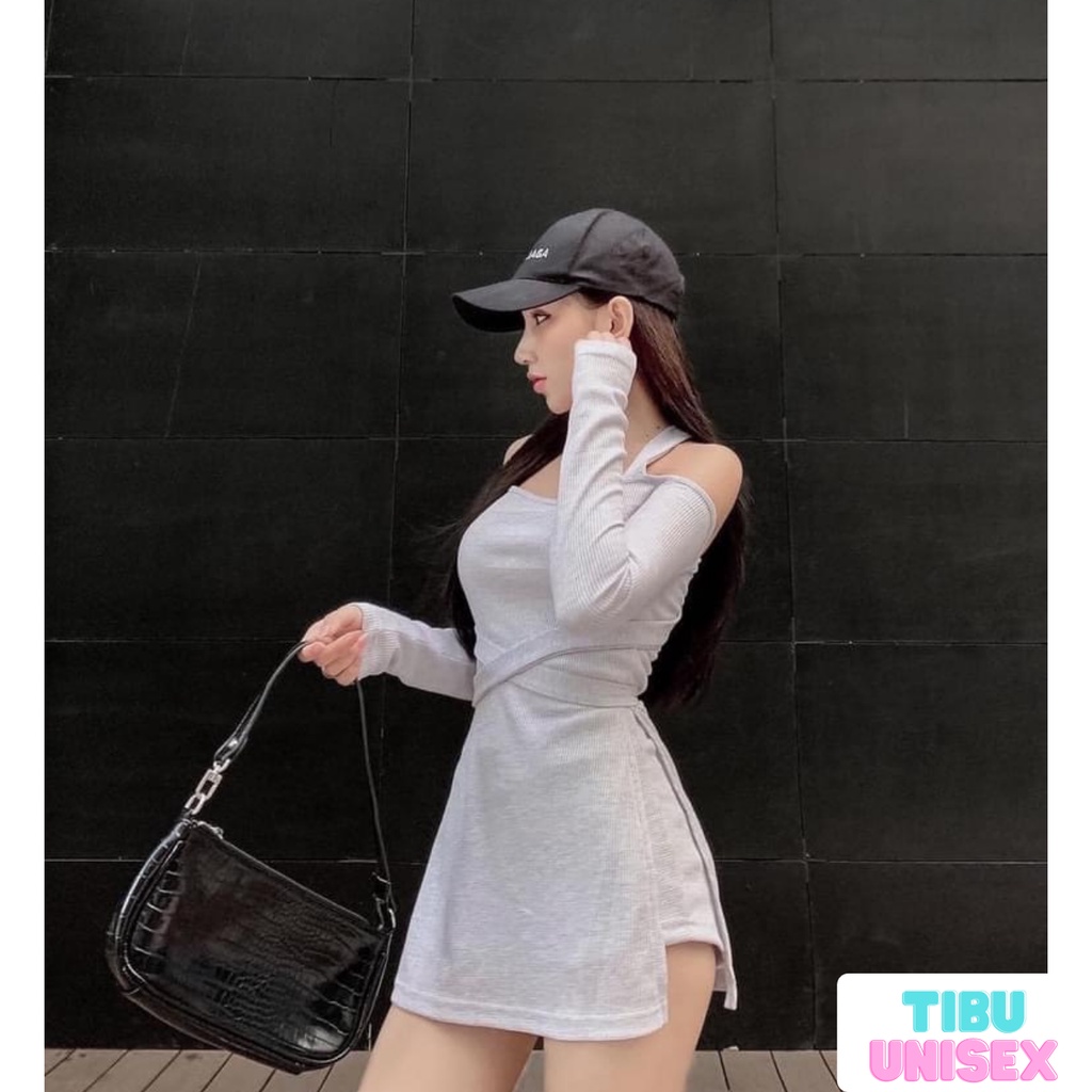 Set Đầm 2 dây body trễ vai đan lưng lạ mắt TIBU, quần giả váy nữ sexy cột nơ dáng ôm phù hợp đi tiệc đi chơi 2022