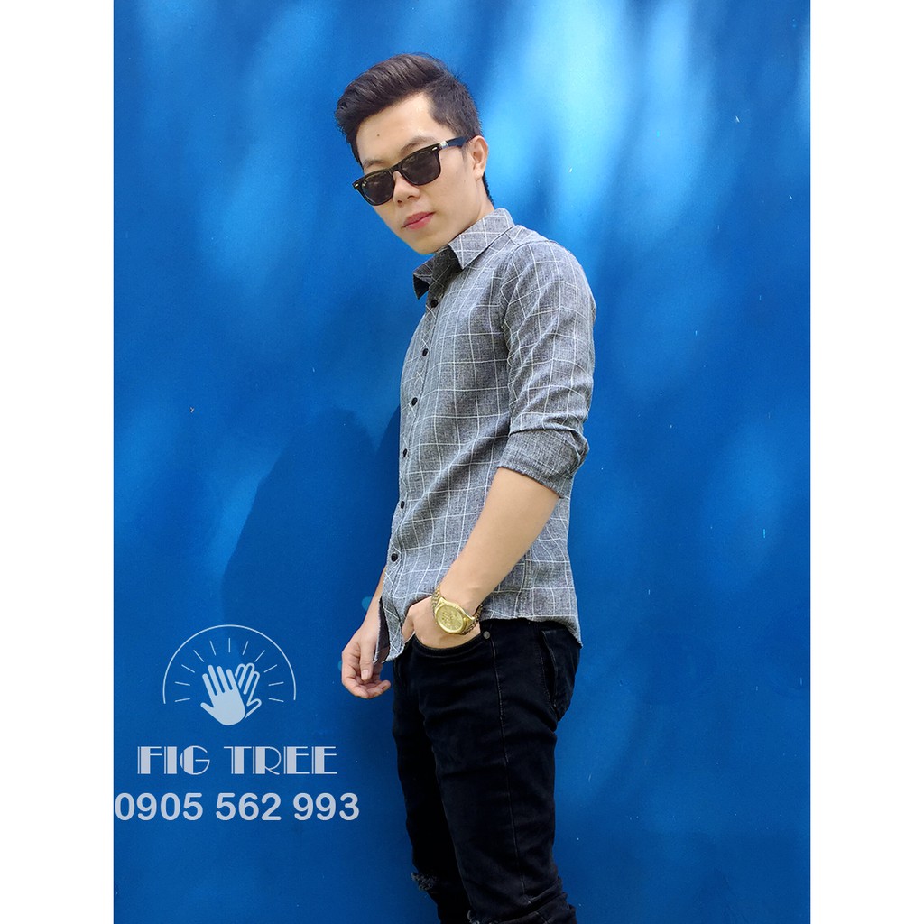 Áo Sơ Mi Nam FIGTREE Hot Boy Caro Xám Mã 126A Full Size