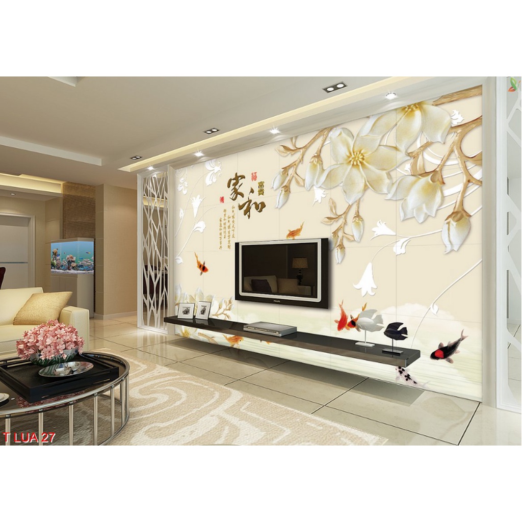 Tranh dán tường 3D trang trí phòng khách các mẫu hoa lụa