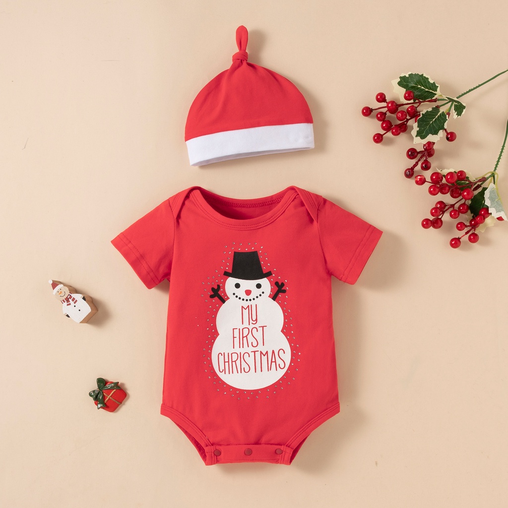Áo Liền Quần Ngắn Tay + Mũ Cotton Họa Tiết Giáng Sinh Đáng Yêu Cho Bé