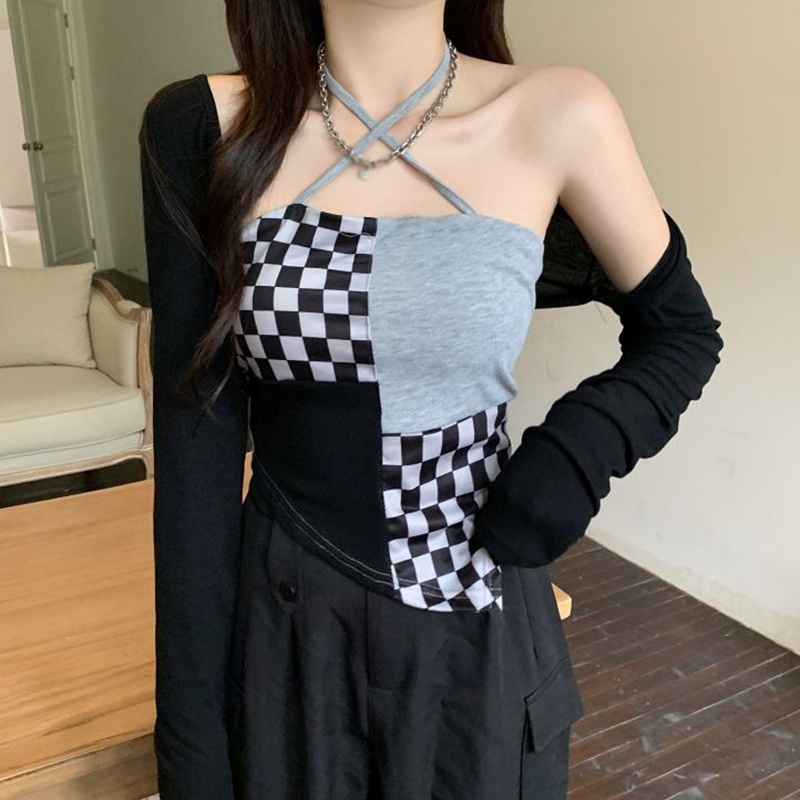 Áo croptop dệt kim không tay dáng ôm in họa tiết caro thời trang cho nữ