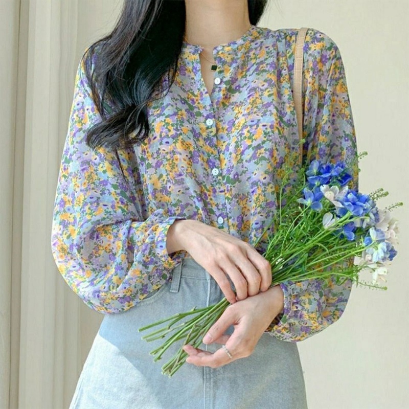 Áo Blouse Nữ Tay Dài Cổ Chữ O Dáng Suông Màu Trơn Thời Trang Mùa Hè