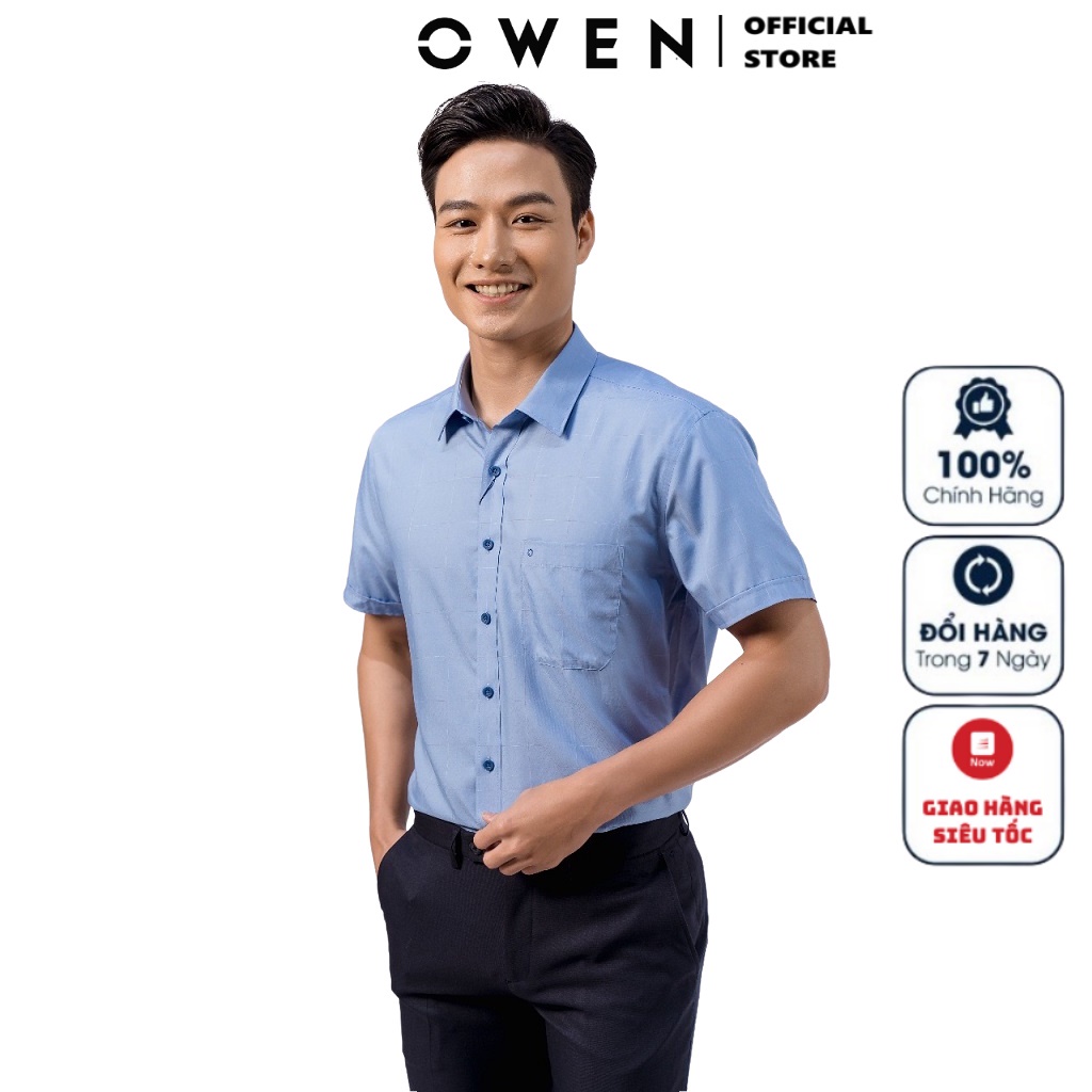 Áo Sơ Mi Nam Ngắn Tay Owen BA220401NT Somi Cộc Tay Công Sở Cao Cấp Xanh Nâu Caro Chất Bạc Hà Dáng Suông Tà Bằng Có Túi