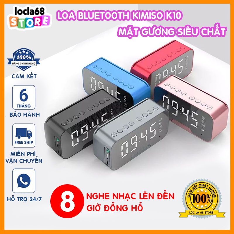 Loa bluetooth KIMISO K10 Plus Đồng Hồ Báo Thức-Màn Hình Tráng Gương Hiển Thị Đèn Led-Đồng Hồ Nhiệt Độ