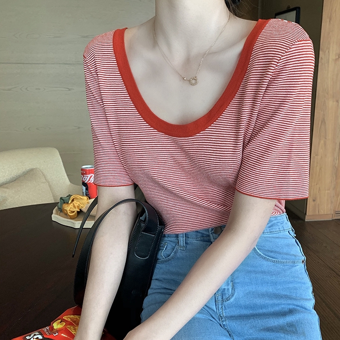 SUXI Áo Thun Tay Ngắn Cổ Chữ U Dáng Rộng Kẻ Sọc Ngang Trẻ Trung Phong Cách Hàn Quốc