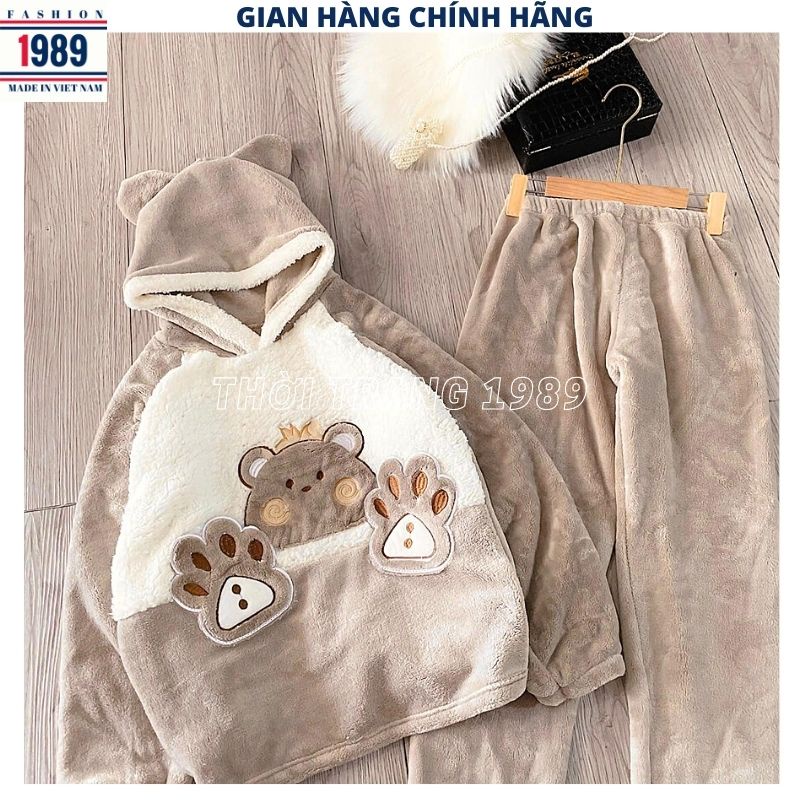 Bộ đồ mặc nhà lông gấu xám kiểu dáng hàn quốc ,bộ ngủ lông cừu siêu ấm mùa đông -PHƯƠNG 1989