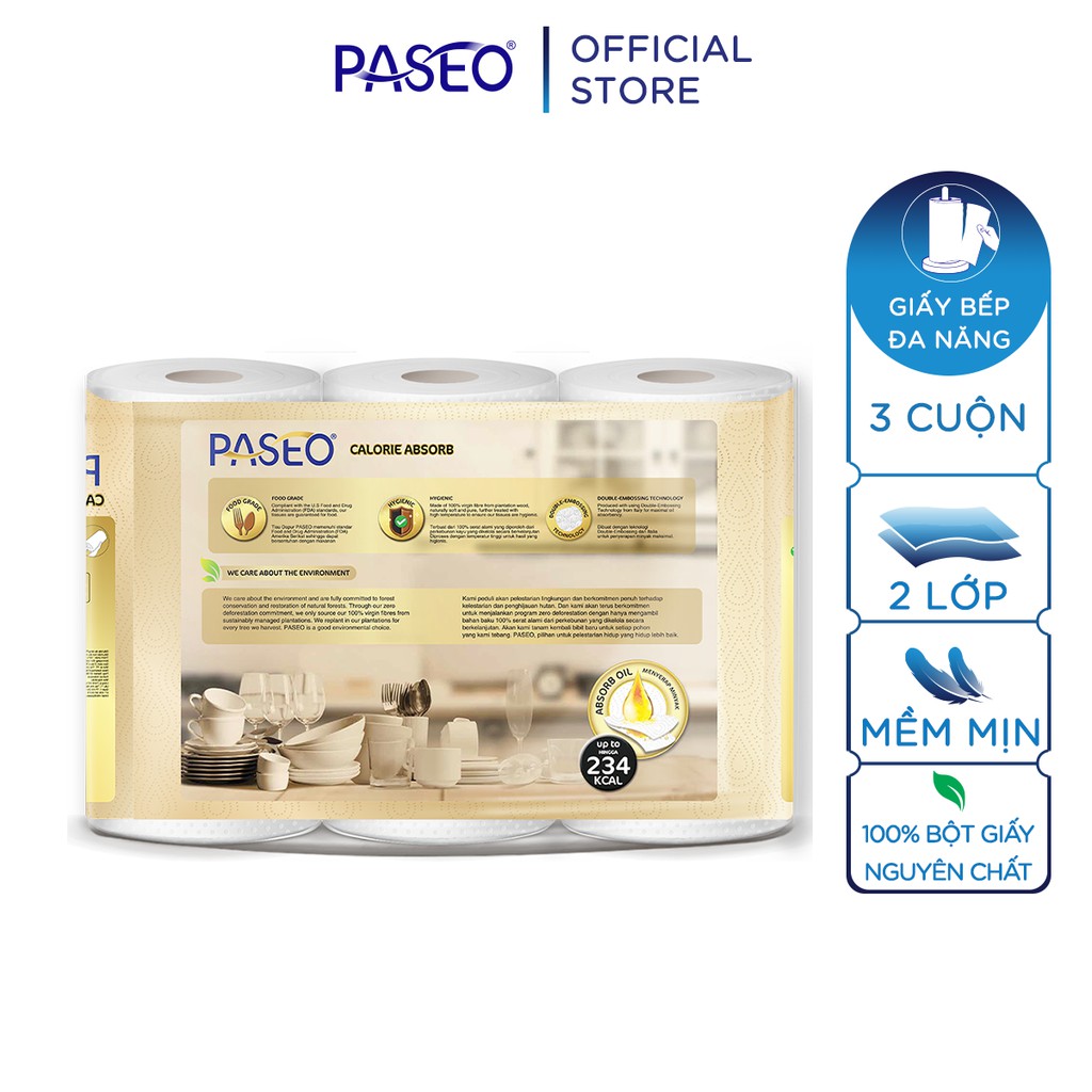 Giấy bếp đa năng Paseo Calorie Absorb 3 cuộn 2 lớp