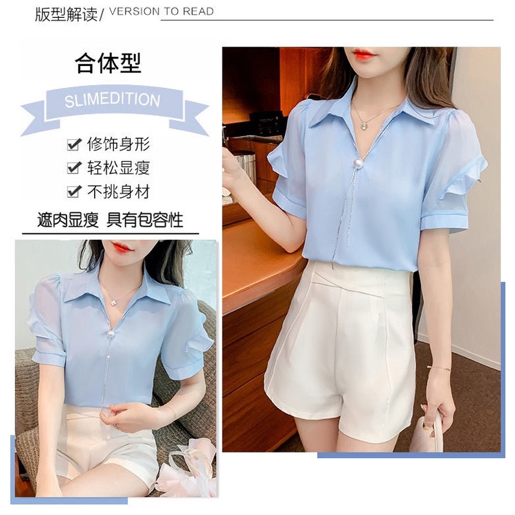 Áo kiểu chiffon tay ngắn cổ bẻ chữ V phối dây chuyền đính hạt phong cách mới thời trang mùa hè tươi tắn 2022 cho nữ