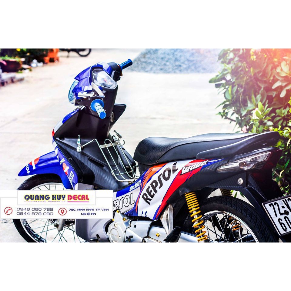 Tem trùm wave ♦FREESHIP♦ xanh trắng đỏ repsol s110, độ dán phủ bộ team decal cho xe máy rẻ đẹp