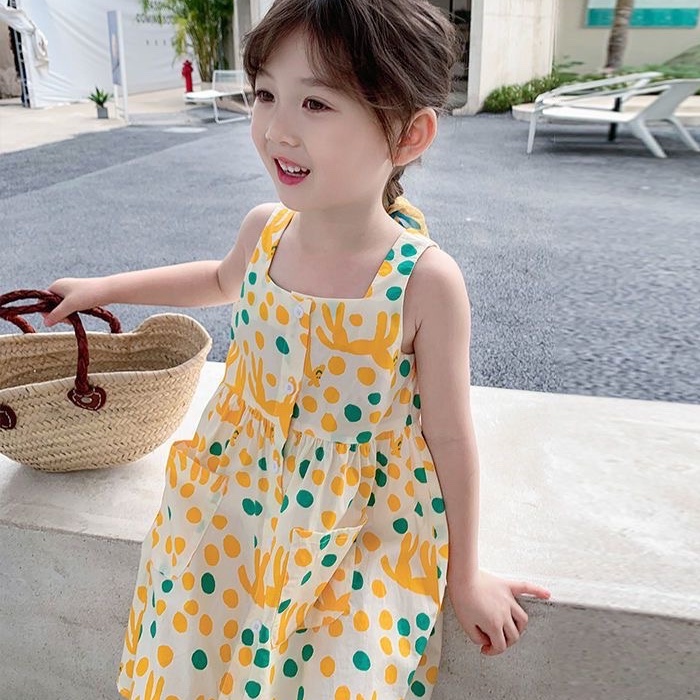 Váy 2 dây bé gái bản to đầm bé gái họa tiết ngựa Pony vàng tươi size nhỡ G16