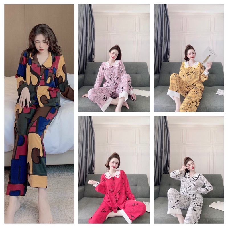 Đồ bộ Pijama -Đồ bộ cổ nhọn tay phồng -Đồ bộ cổ hai lá tay phồng quần dài dưới 60 kg -Đồ ngủ đồ mặc nhà