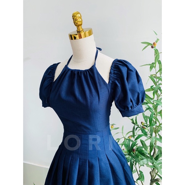 Đầm yếm xanh xếp ly tay ngắn
