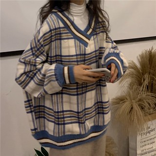 Áo sweater len nữ form rộng hàn quốc kẻ Caro chất đẹp, áo sweater nữ order Quảng Châu BST Ulzzang