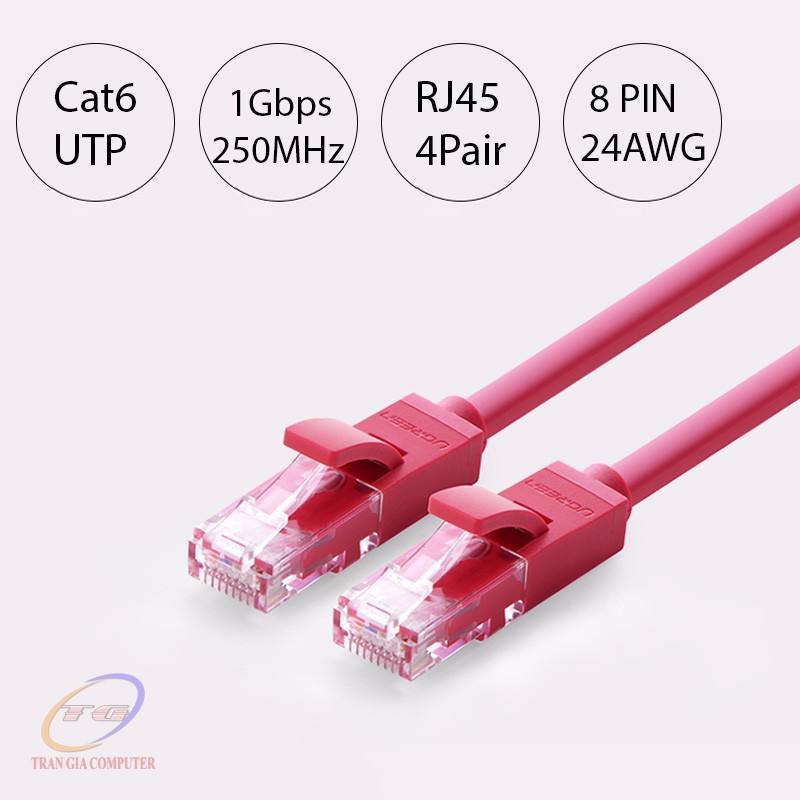 Dây mạng 5M CAT6 UTP 24AWG lõi đồng NW101 Ugreen 11213 (màu đỏ)